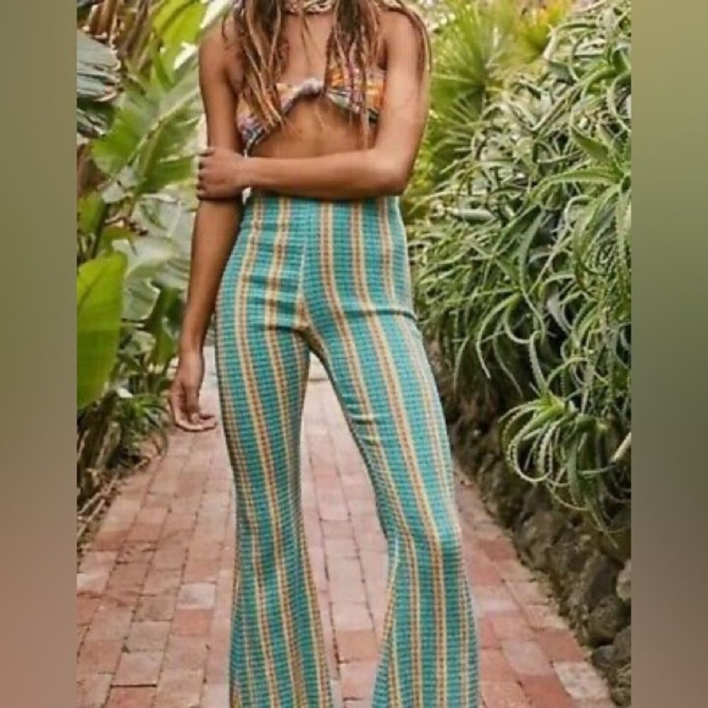 Free People Fine Line Green Orange Yellow Stripe Stretch Flare Pull On